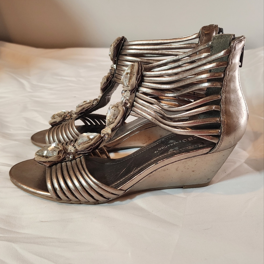 BCBGeneration Silver Wedge Sandals with Cage Design 7.5B Has Wear
